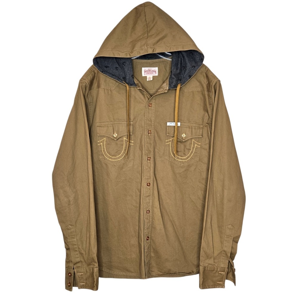 True Religion Big T Hooded Workwear Jacket Brown Canvas Utility Shacket 2XL Rare